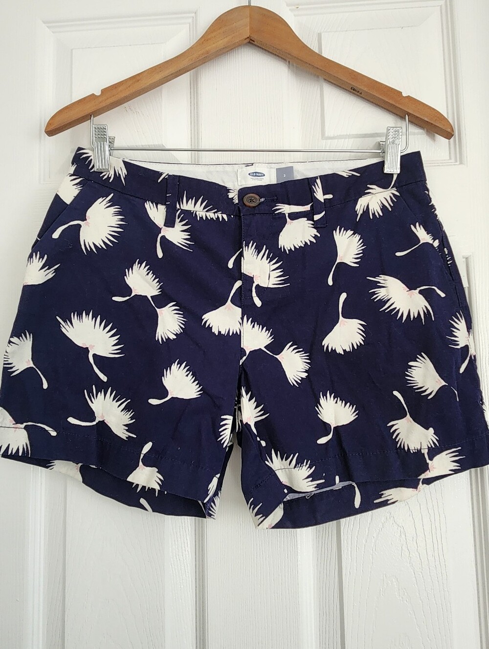 Old Navy Navy Blue Crane Print Cotton Flat Front Shorts